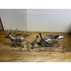 Vintage Brass Metal Silver Plated Reindeer and Sleigh Figurine Decor 22”
